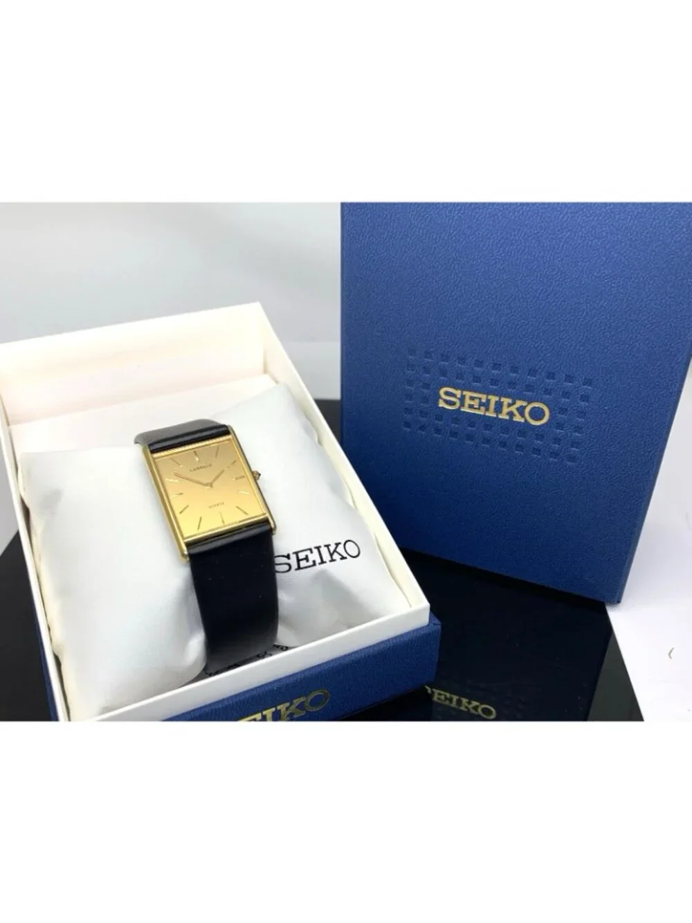 Lassale By Seiko Watch 7730-5059 Quartz Tank Gold Dial Black Leather Strap 23mm
